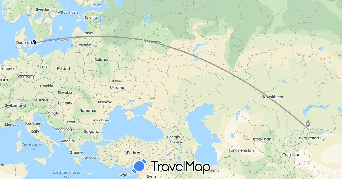 TravelMap itinerary: driving, plane in Denmark, Kyrgyzstan, Russia (Asia, Europe)